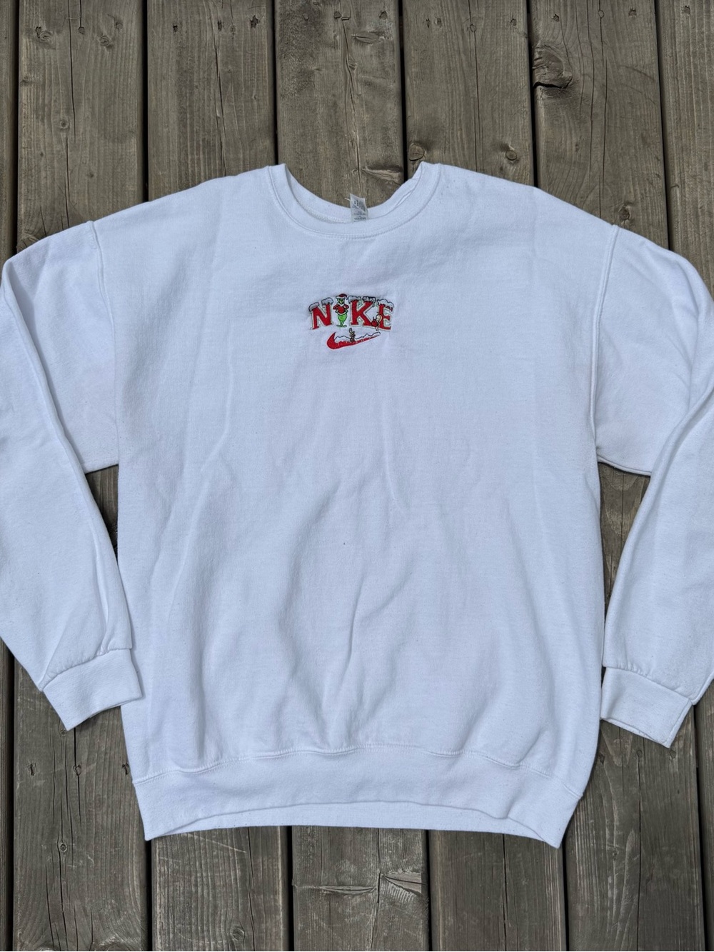 Nike White Crewneck Sweatshirt with Christmas Grinch Red Green Embroidered Logo